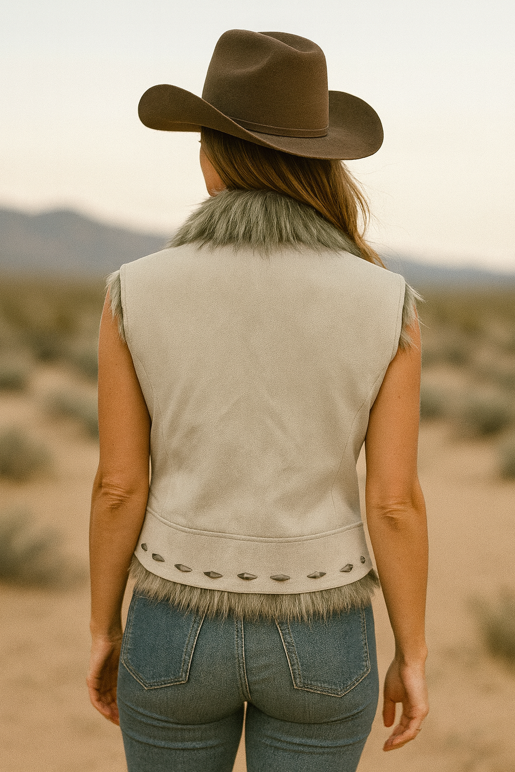 Ladies Fashion Poly Faux Suede Vest With Poly Faux Fur Collor and Lining