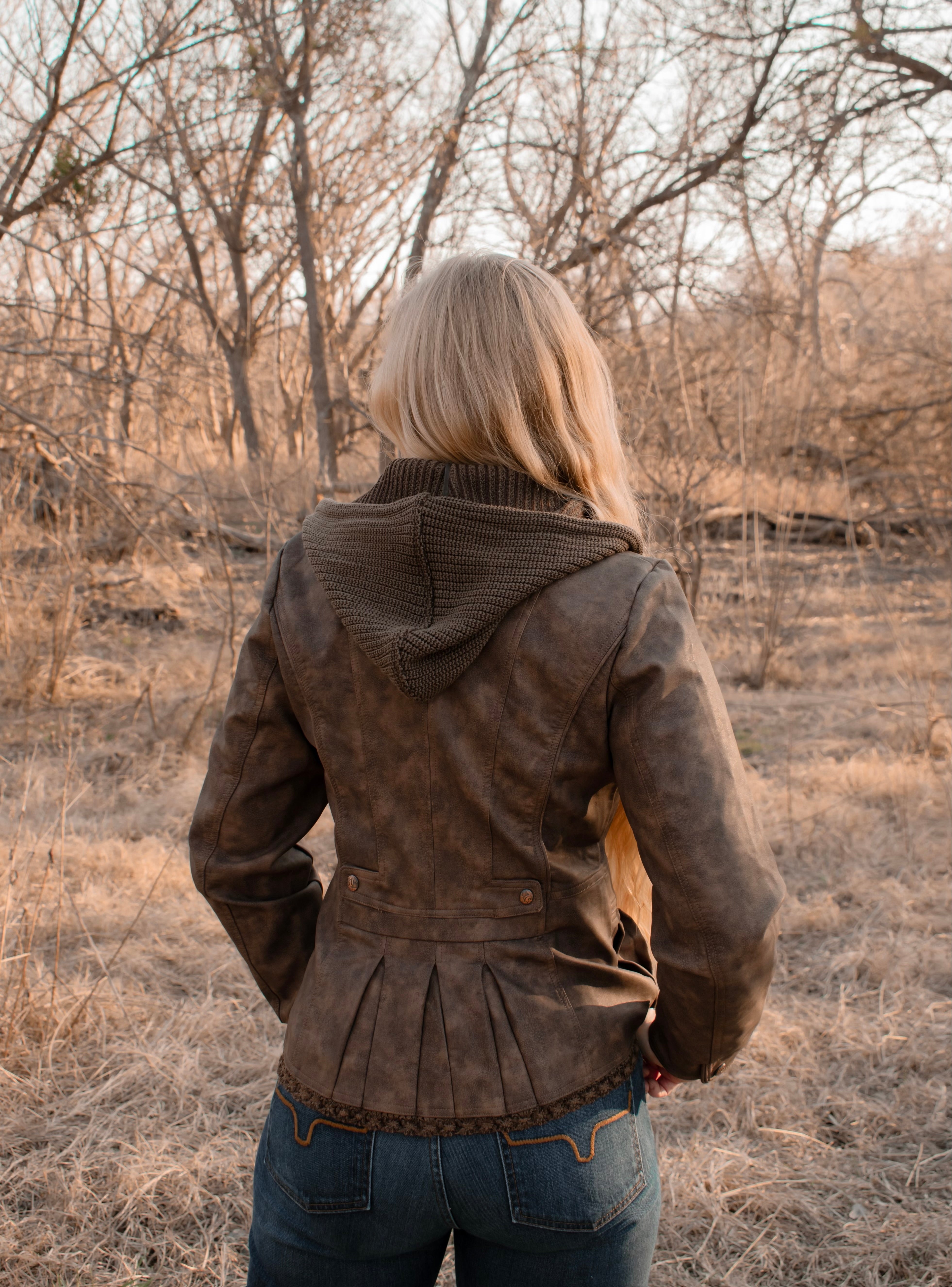 Ladies Poly Faux Leather Fahion Jacket - with Plate and Knit Trims and Hood