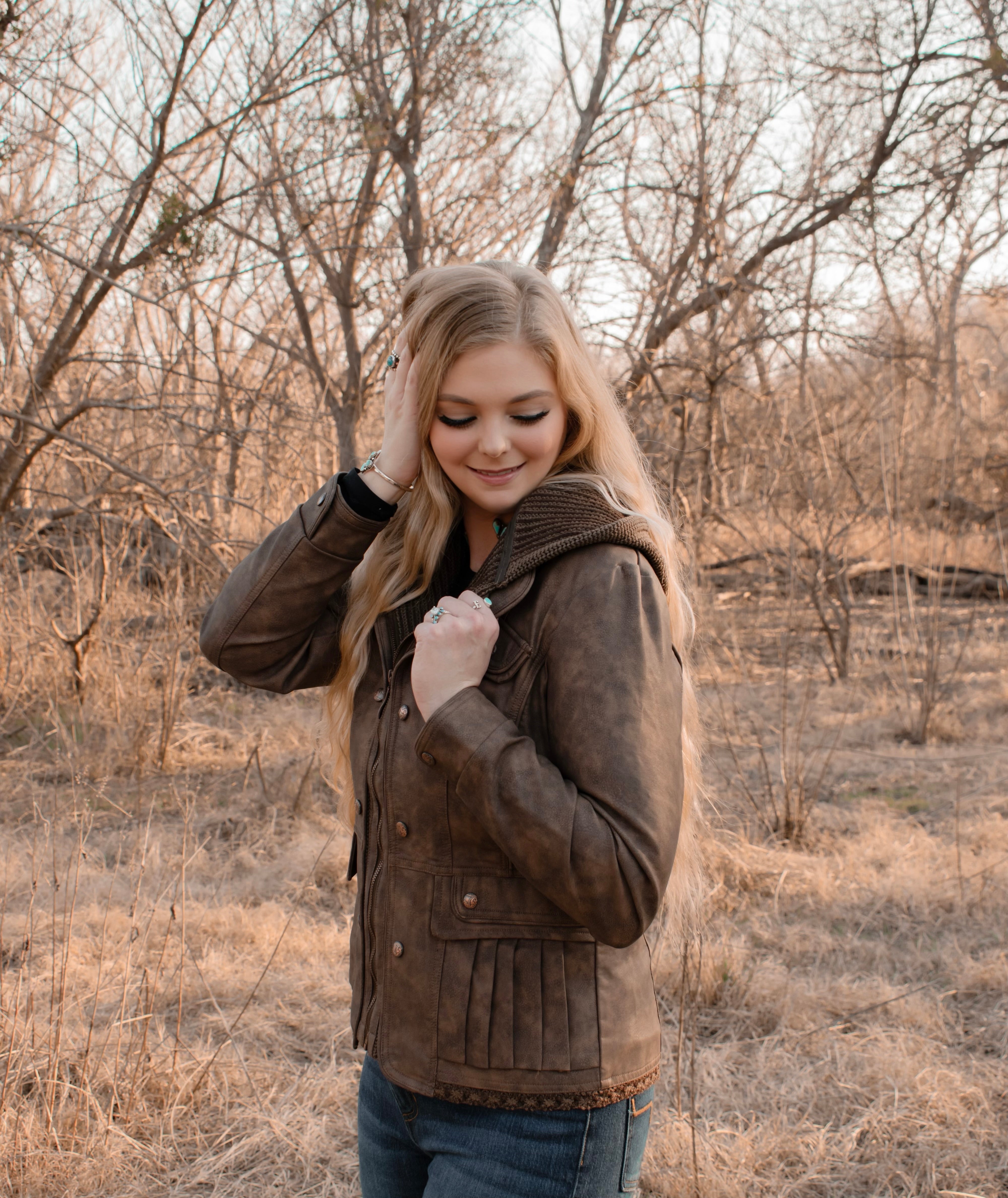 Ladies Poly Faux Leather Fahion Jacket - with Plate and Knit Trims and Hood