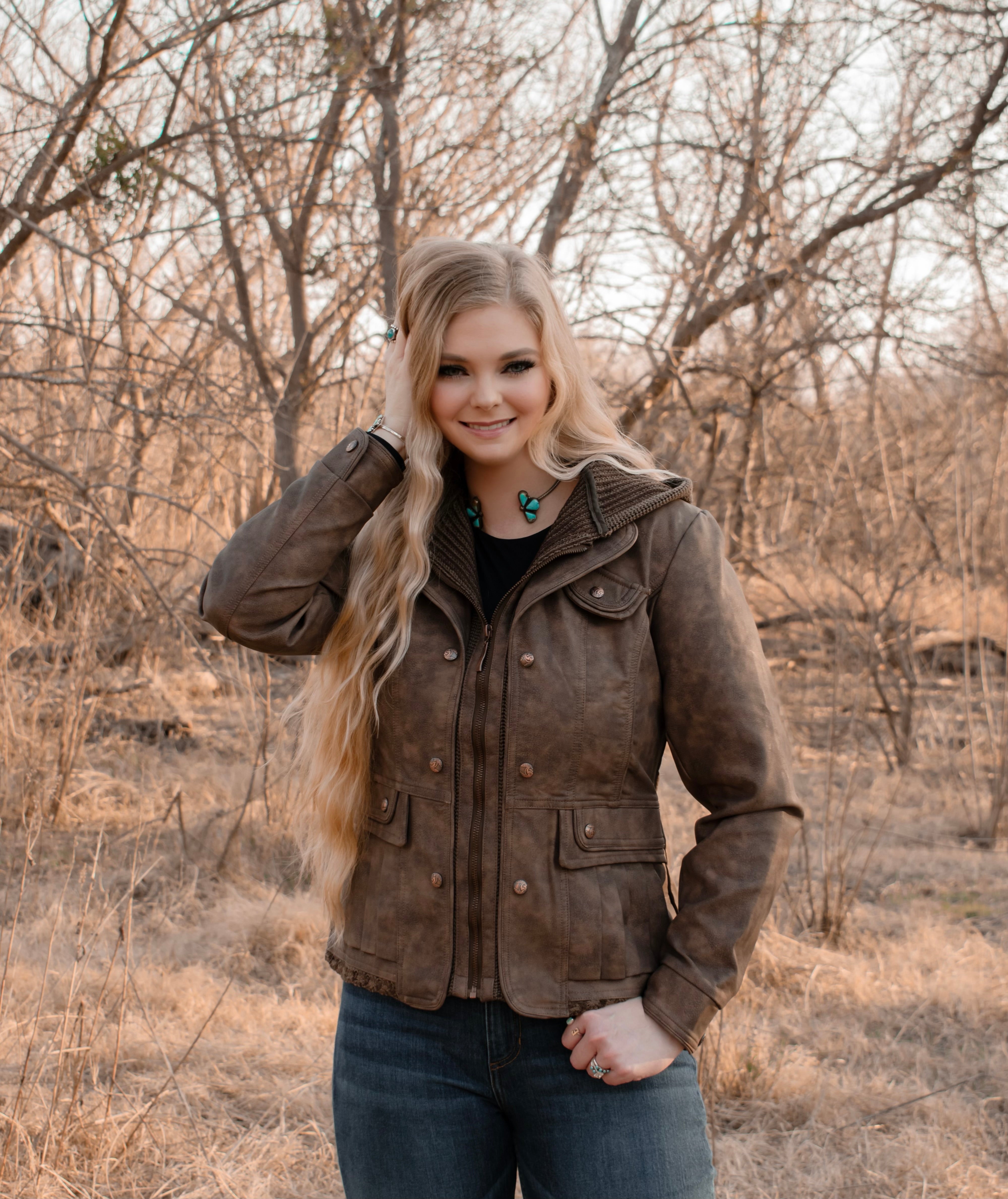 Ladies Poly Faux Leather Fahion Jacket - with Plate and Knit Trims and Hood