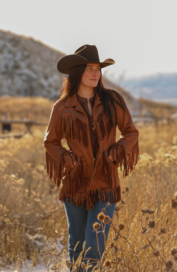 Ladies Faux Suede Jacket with Fring/Studs Work