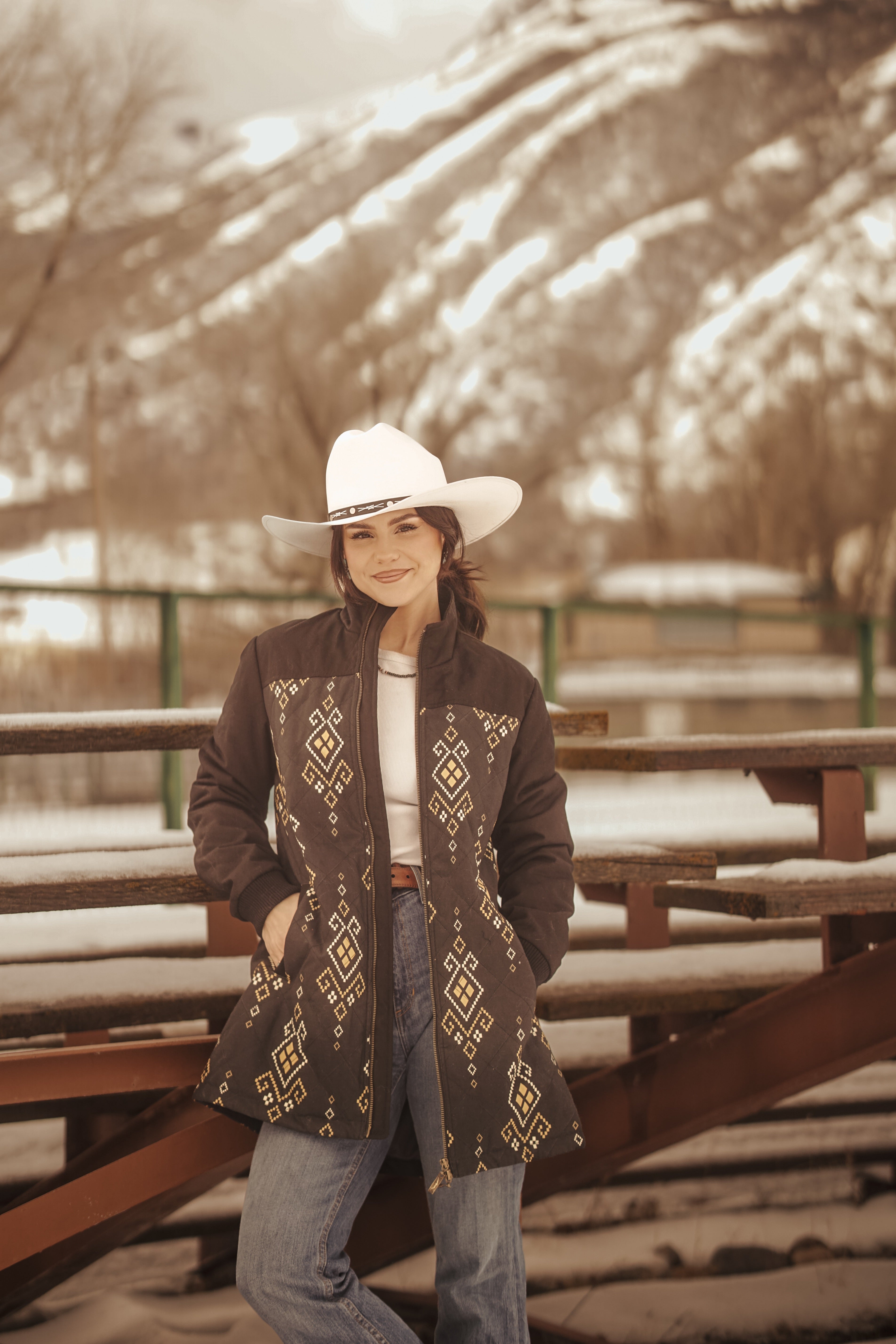 Long Ladies Canvas Jacket/Coat with Aztec/Solid Color Combination