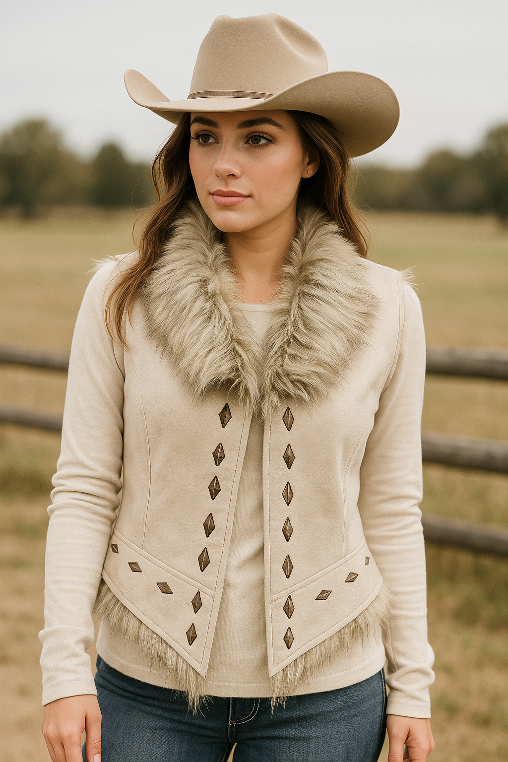 Ladies Fashion Poly Faux Suede Vest With Poly Faux Fur Collor and Lining