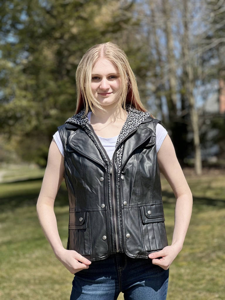 Ladies Faux Leather Vest with Printed Hood (BF2111V)