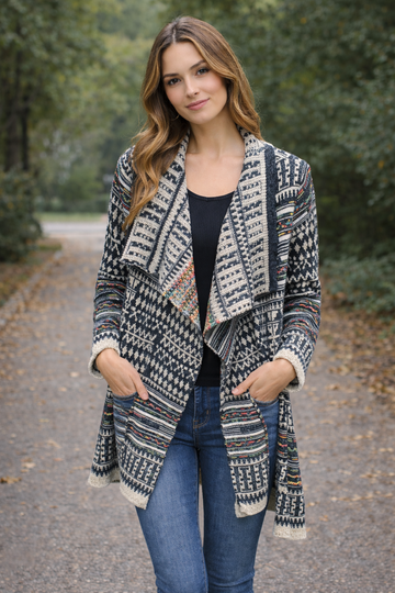Boho Aztec Open Front Knit Cardigan with Shawl Collar