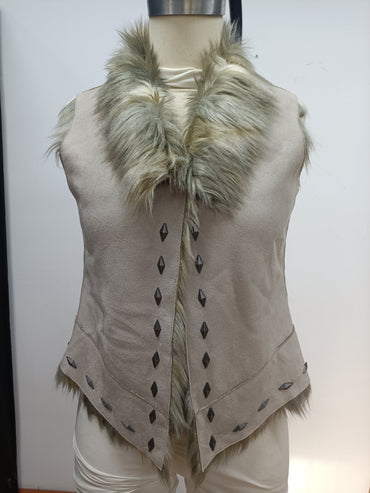 Faux Fur Vest with Gathered Nylon Sides, Hidden Zipper Pockets and Toggle Closure