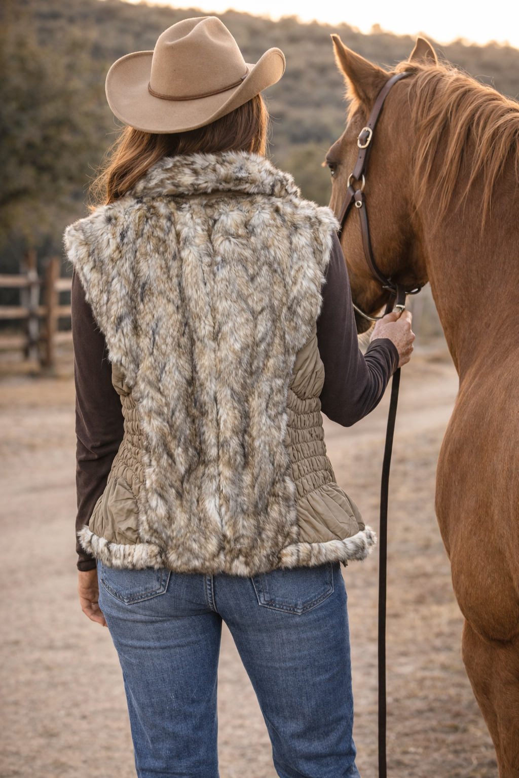 Faux Fur Vest with Gathered Nylon Sides, Hidden Zipper Pockets and Toggle Closure