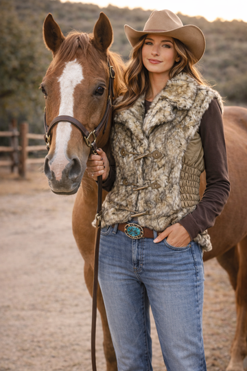Faux Fur Vest with Gathered Nylon Sides, Hidden Zipper Pockets and Toggle Closure