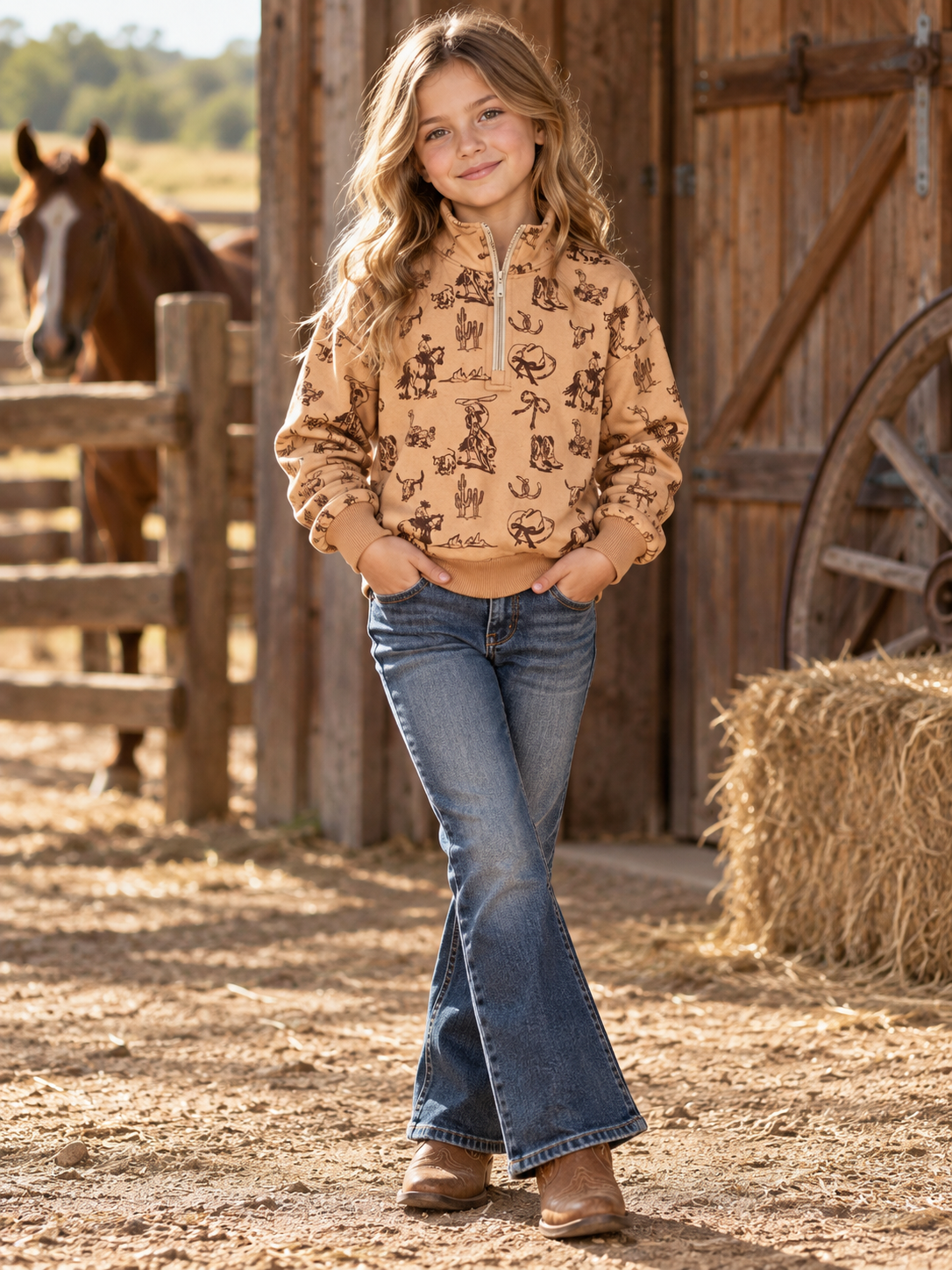 Girls Tan Western Quarter-Zip Pullover | 2509030