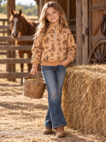Girls Tan Western Quarter-Zip Pullover | 2509030