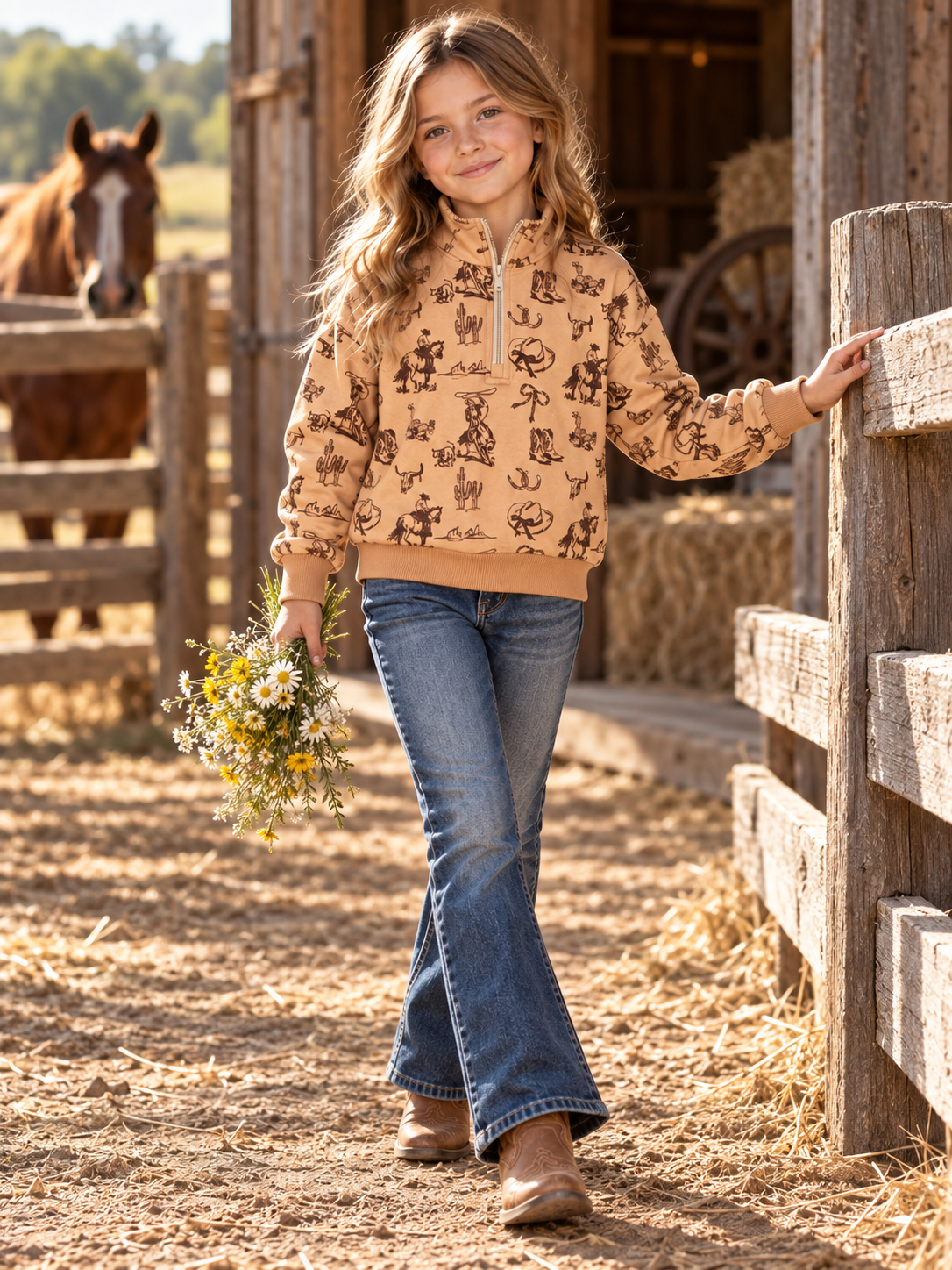 Girls Tan Western Quarter-Zip Pullover | 2509030