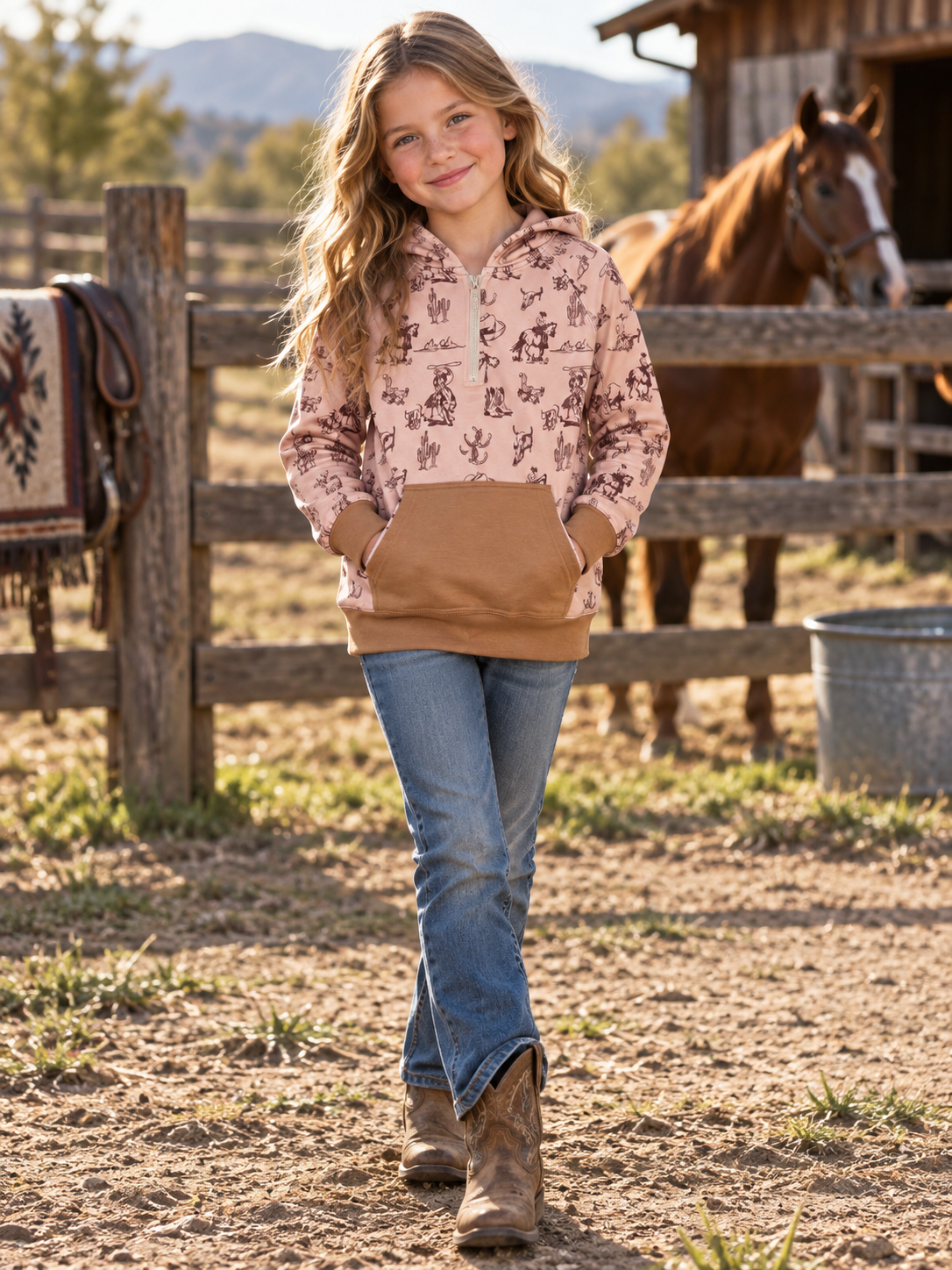 Girls' Western Horse Print Quarter-Zip Pullover | 2509033