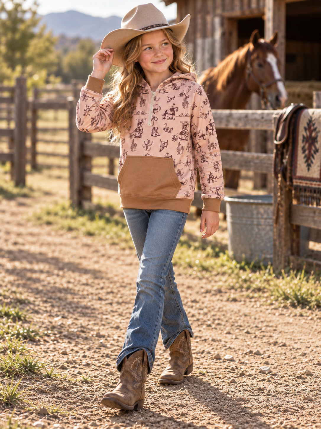 Girls' Western Horse Print Quarter-Zip Pullover | 2509033