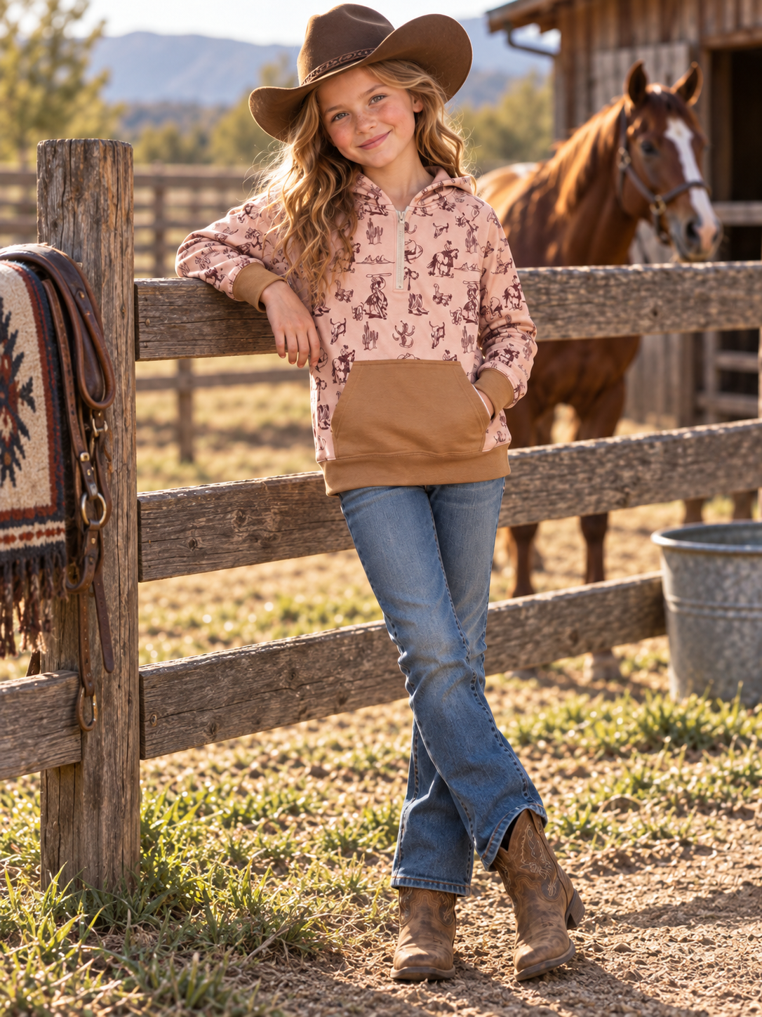 Girls' Western Horse Print Quarter-Zip Pullover | 2509033
