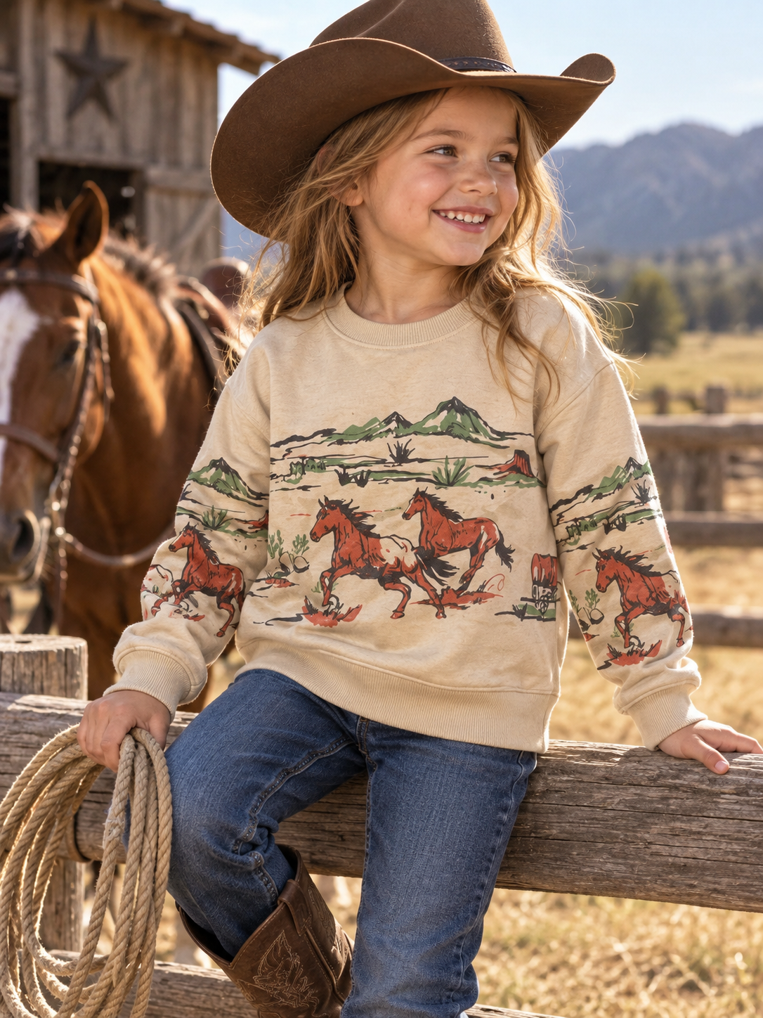Girls' Western Horse Print Premium Fleece Sweatshirt | 2509037
