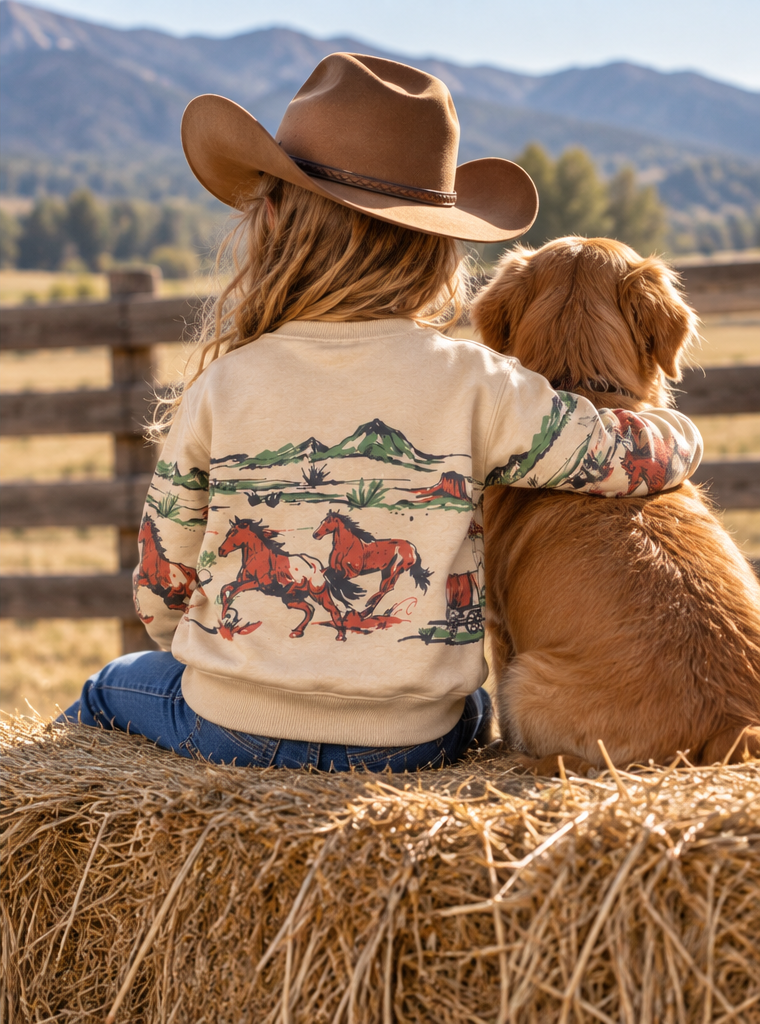 Girls' Western Horse Print Premium Fleece Sweatshirt | 2509037
