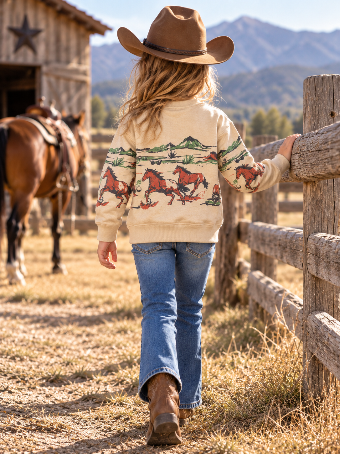 Girls' Western Horse Print Premium Fleece Sweatshirt | 2509037