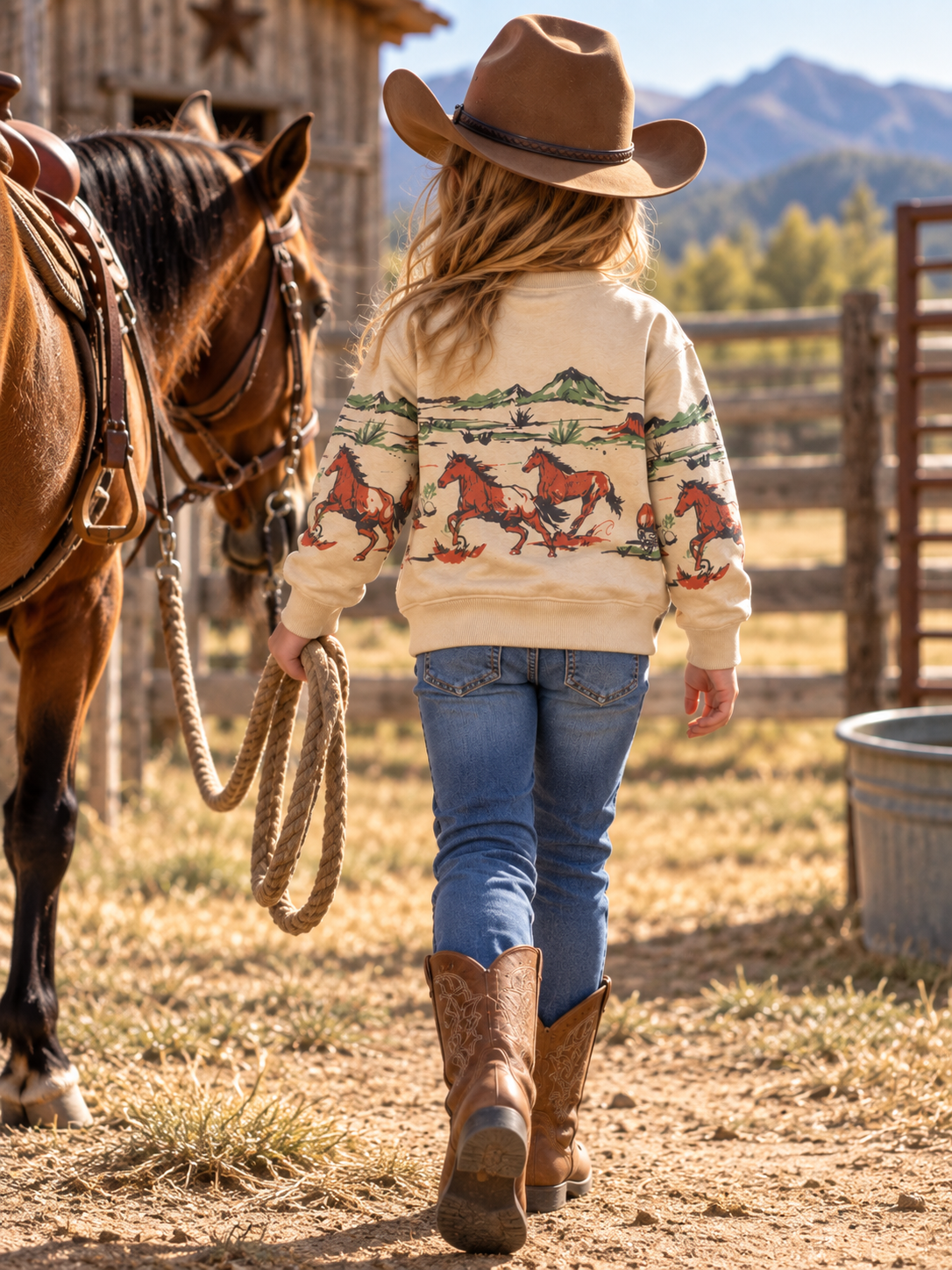 Girls' Western Horse Print Premium Fleece Sweatshirt | 2509037