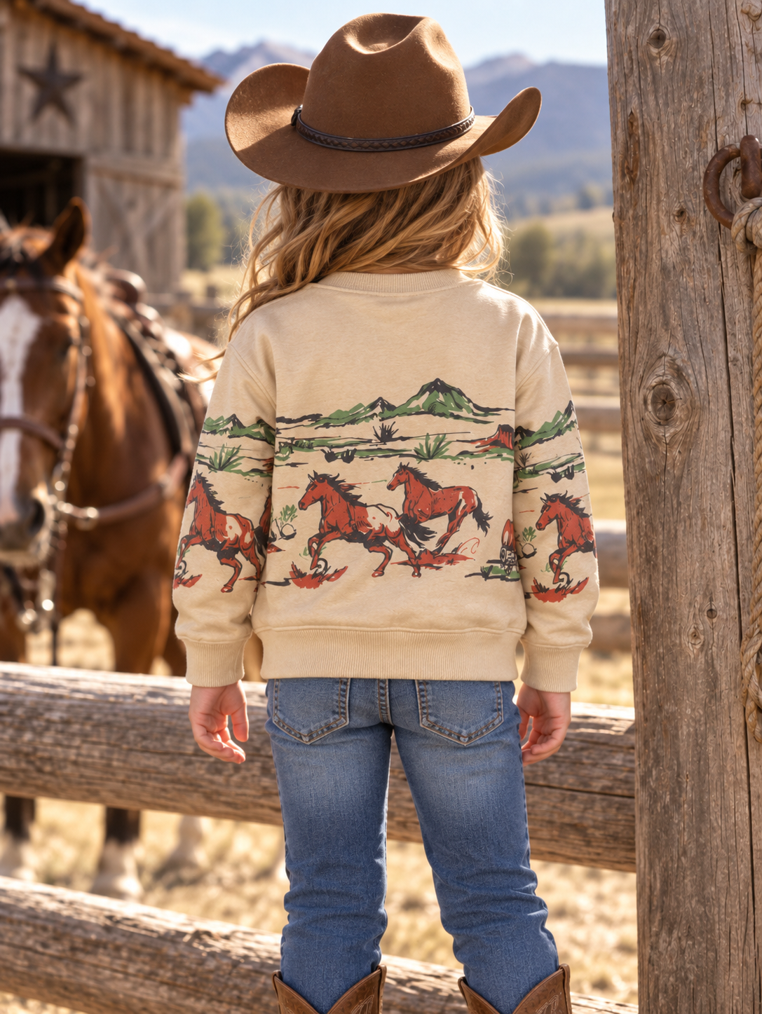 Girls' Western Horse Print Premium Fleece Sweatshirt | 2509037