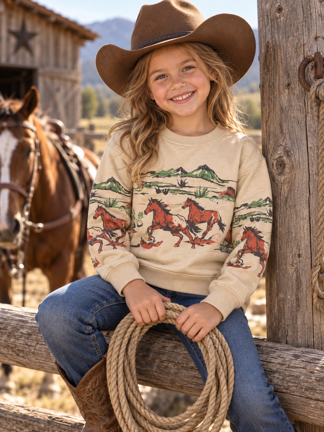 Girls' Western Horse Print Premium Fleece Sweatshirt | 2509037