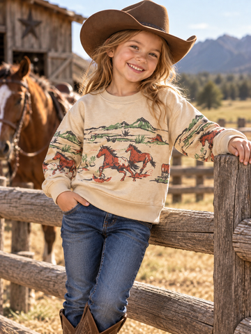 Girls' Western Horse Print Premium Fleece Sweatshirt | 2509037