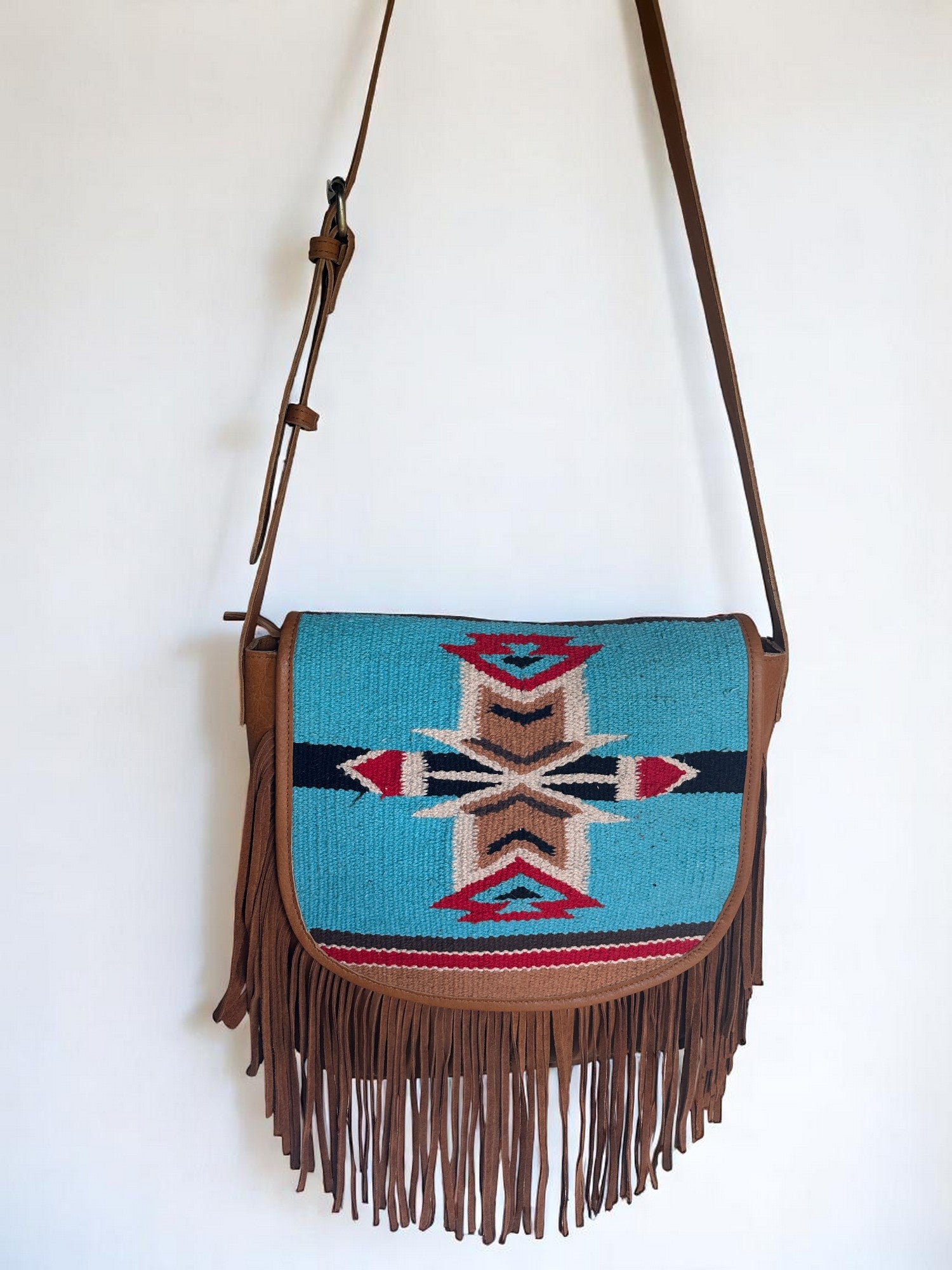 Genuine Leather Bag with Fringes & Aztec Flap