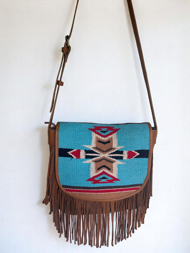 Genuine Leather Bag with Fringes & Aztec Flap