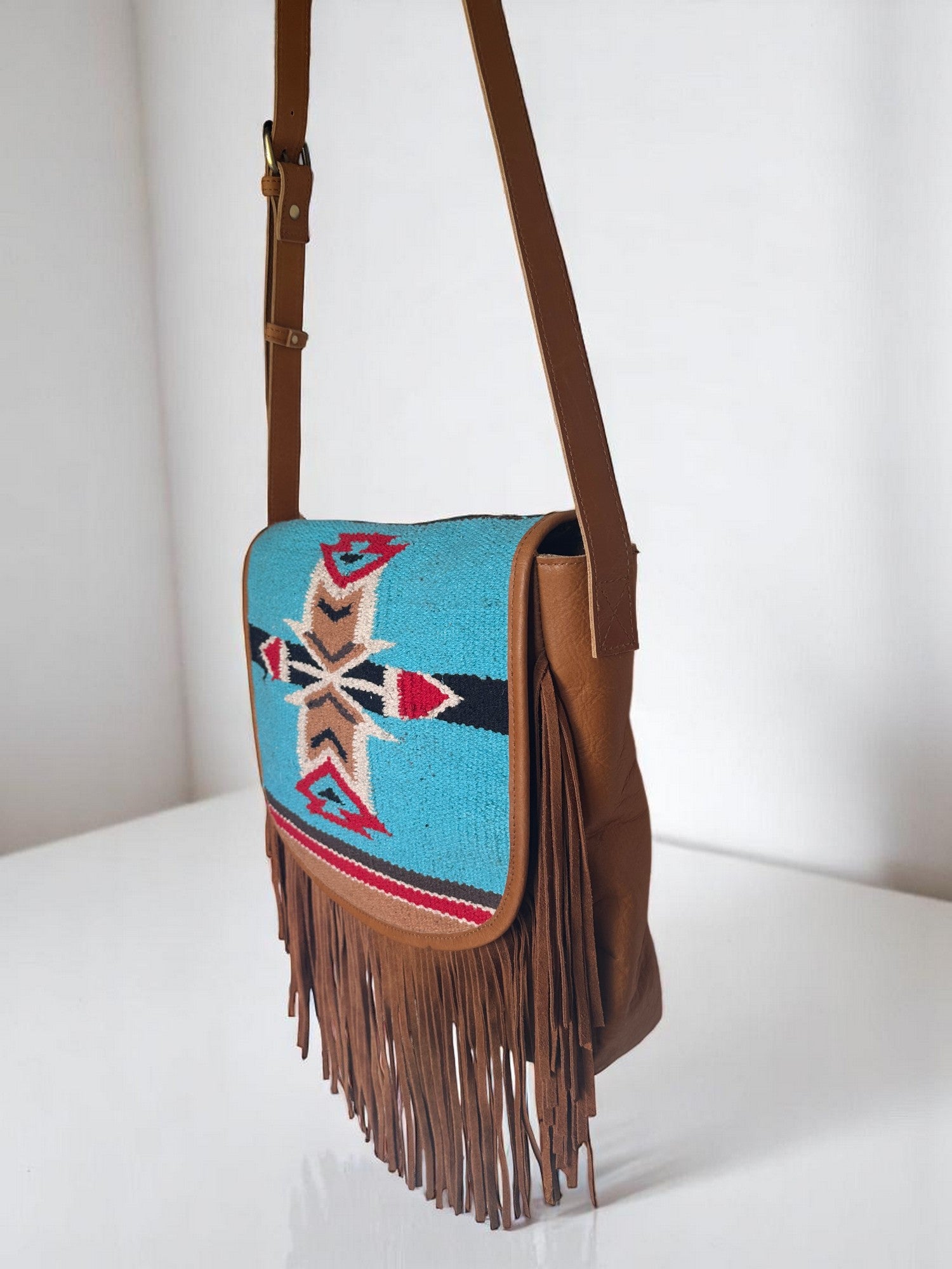 Genuine Leather Bag with Fringes & Aztec Flap