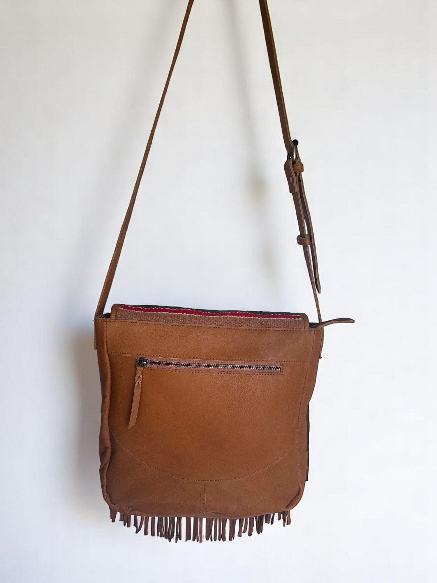 Genuine Leather Bag with Fringes & Aztec Flap
