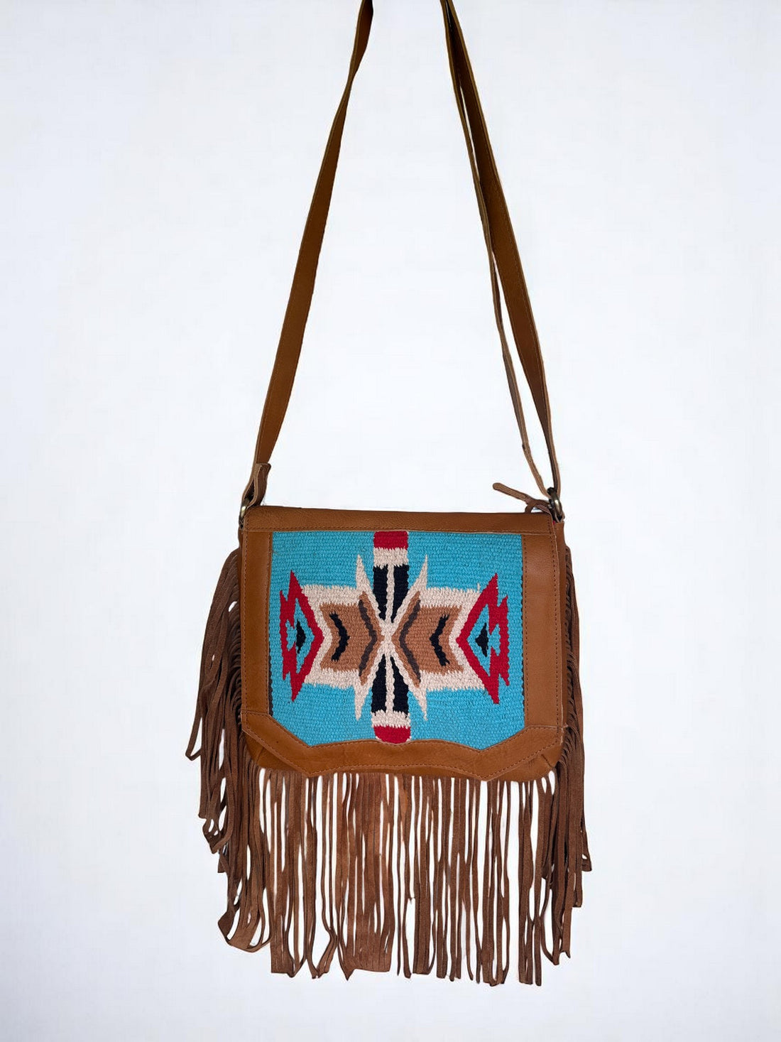 Genuine Leather Crossbody Bag with Woven Fabric Patch