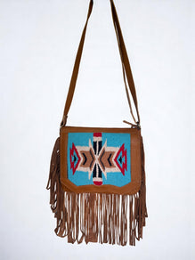 Genuine Leather Crossbody Bag with Woven Fabric Patch