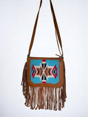 Genuine Leather Crossbody Bag with Woven Fabric Patch