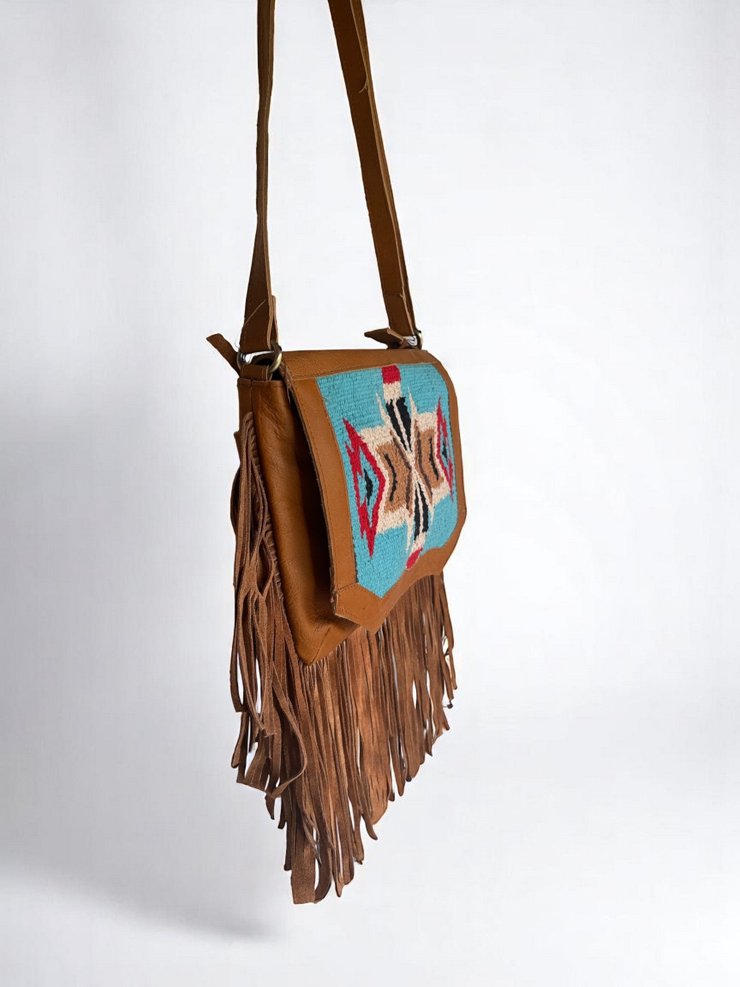 Genuine Leather Crossbody Bag with Woven Fabric Patch