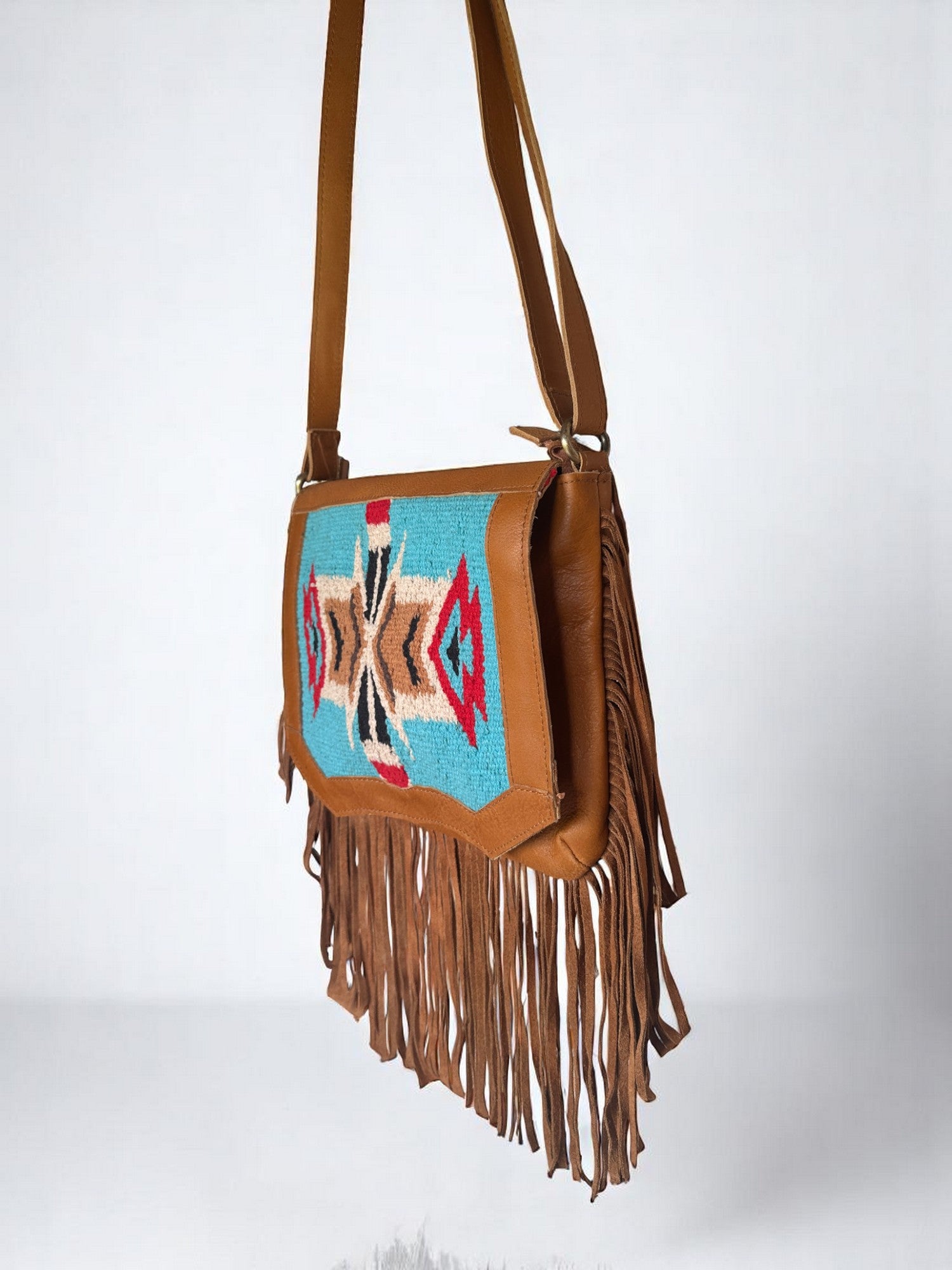 Genuine Leather Crossbody Bag with Woven Fabric Patch