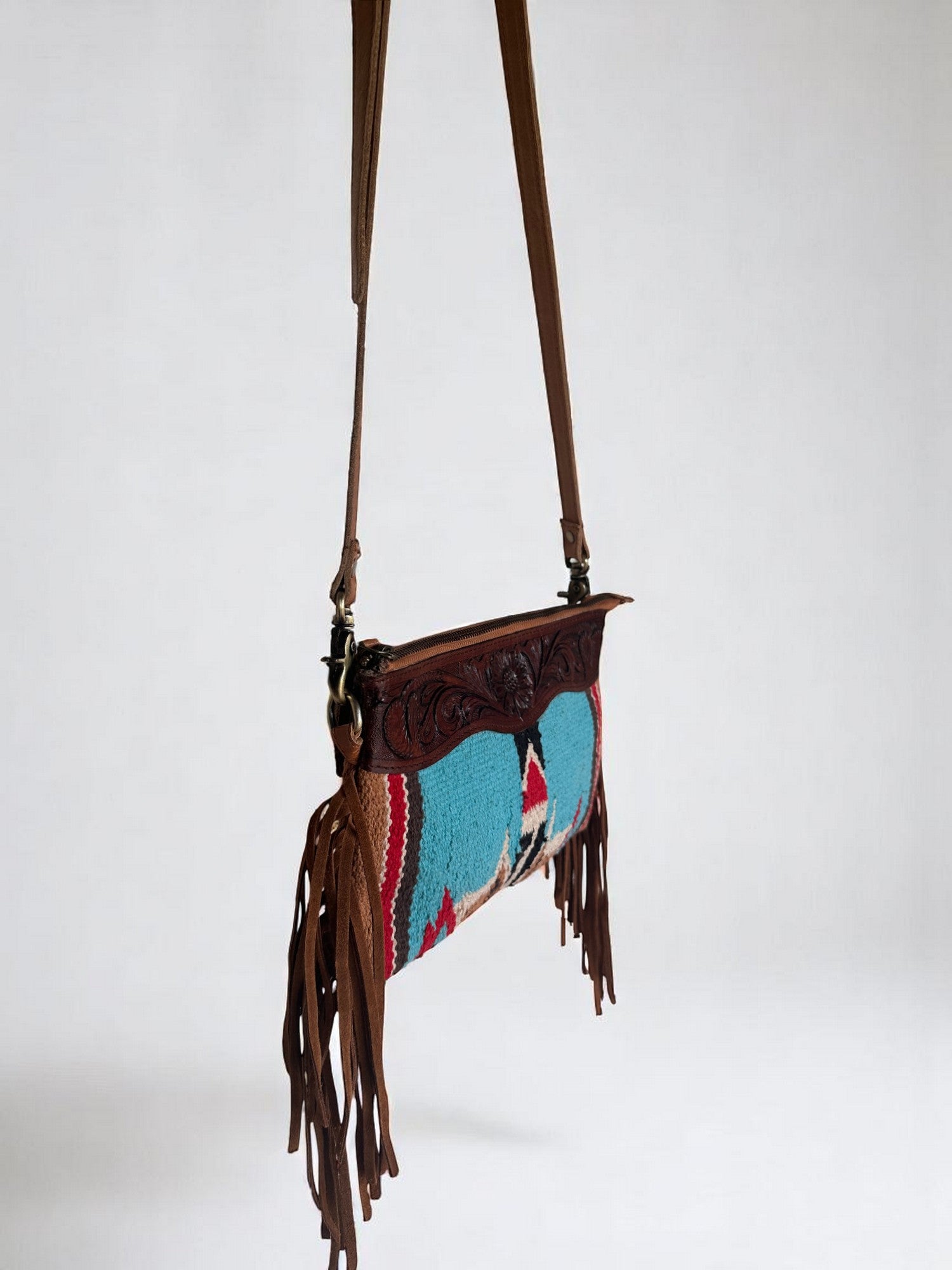 Cross Shoulder Crunch Leather Bag with Tooling Patch. 5326D