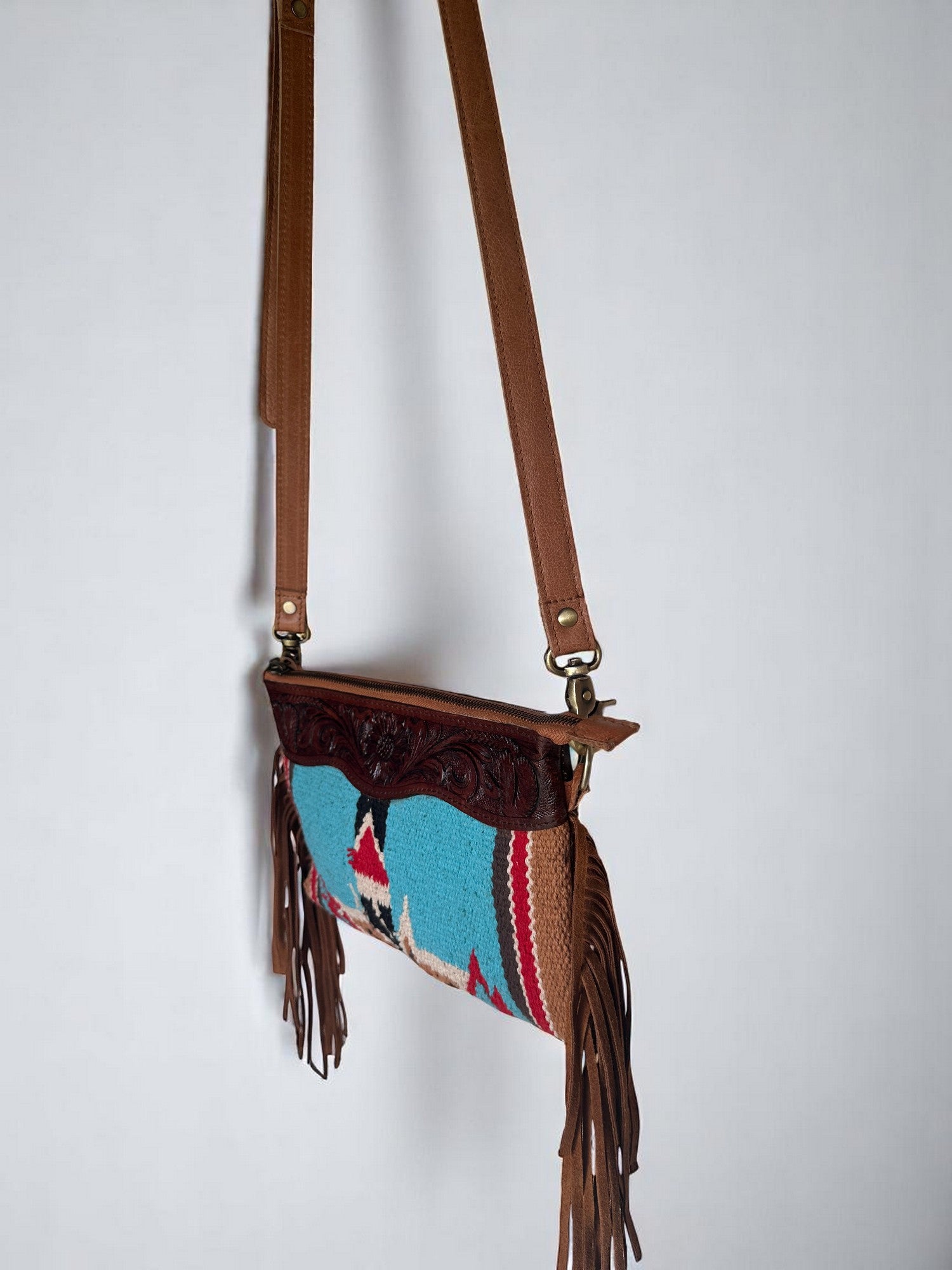 Cross Shoulder Crunch Leather Bag with Tooling Patch. 5326D