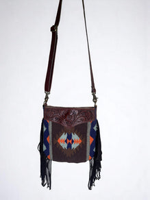 Crossbody Bag with Hand Tooled Patch and Fringes