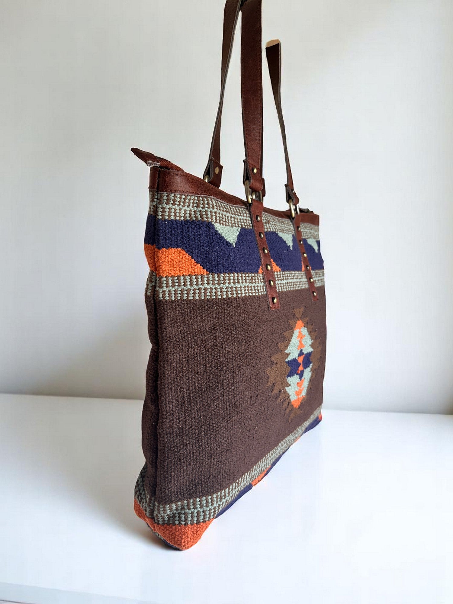 Southwestern Aztec-Leather Tote Bag