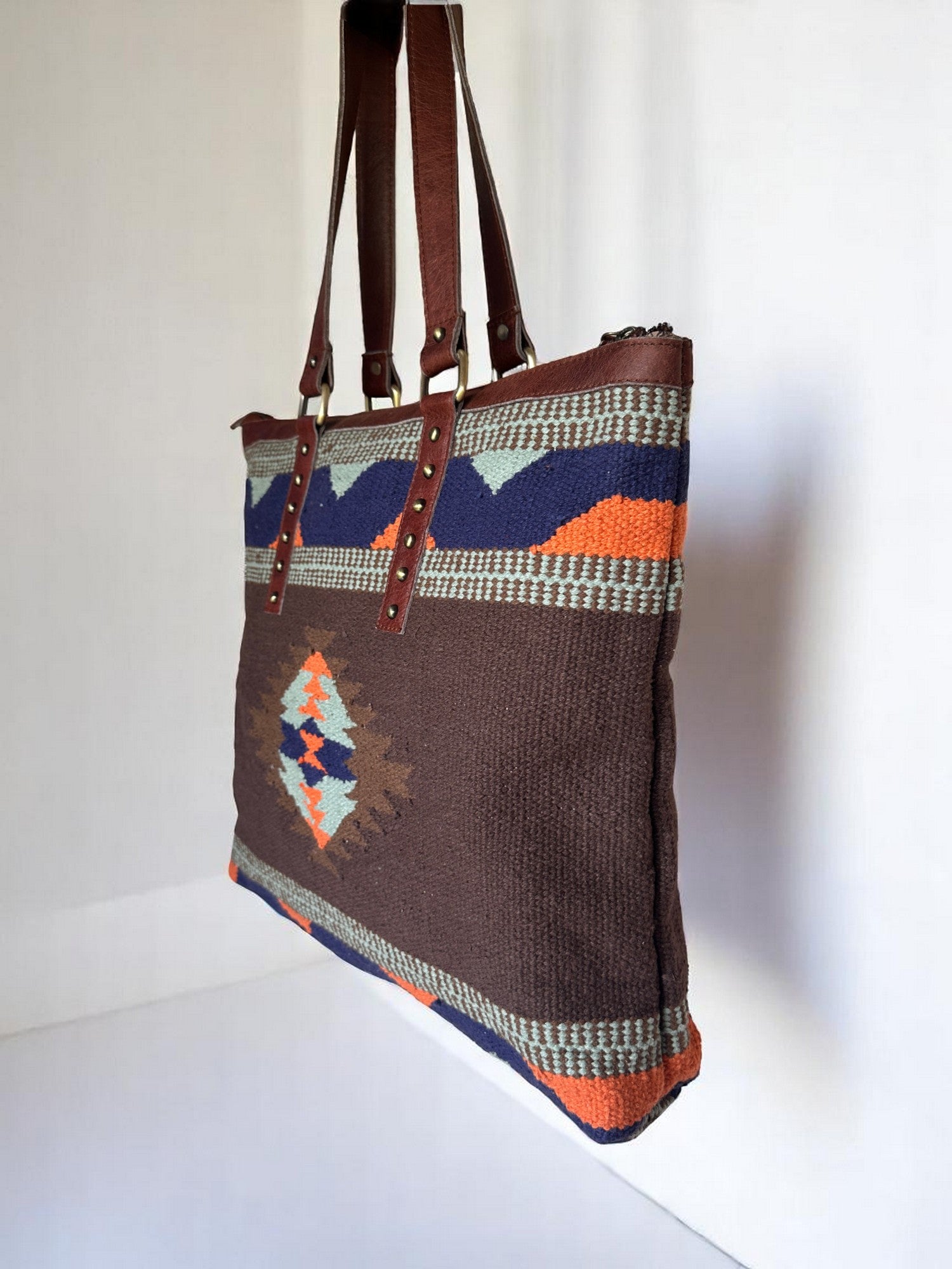 Southwestern Aztec-Leather Tote Bag
