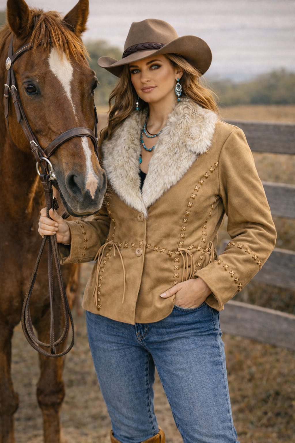 Ladies Faux Suede Jacket with cross stitch pattern and Fur collar