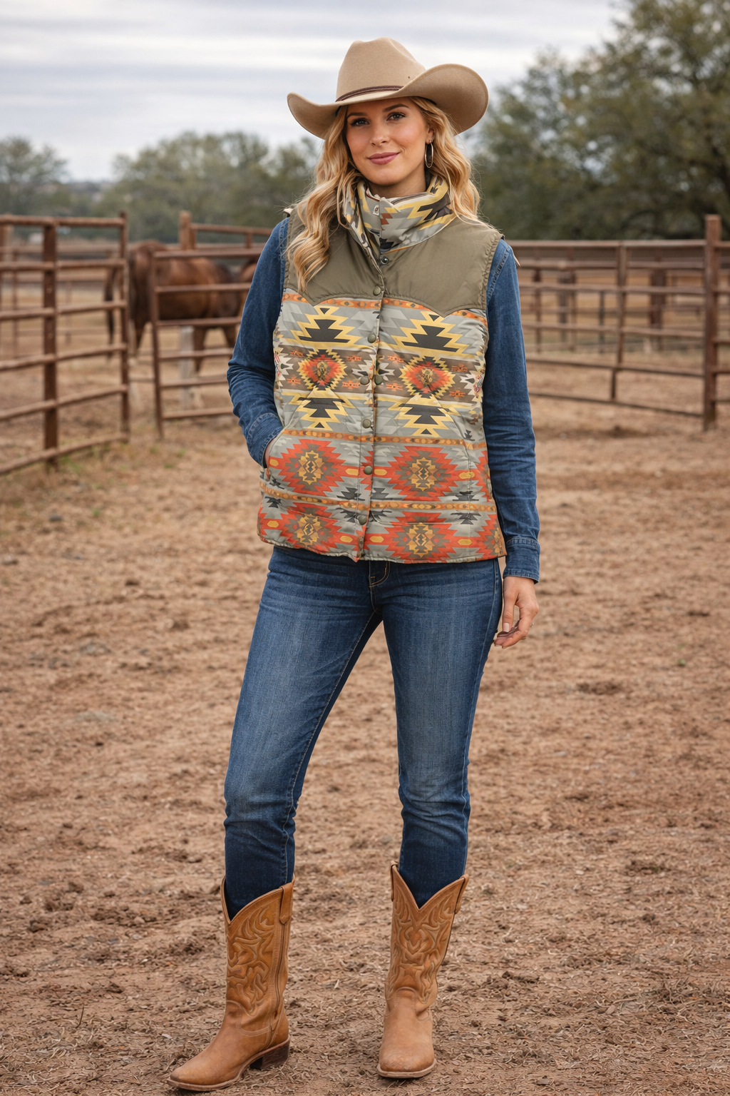 Ladies Poly Fill Vest in Two Tone Aztec Color Combinations - With Western Yokes|L-24111