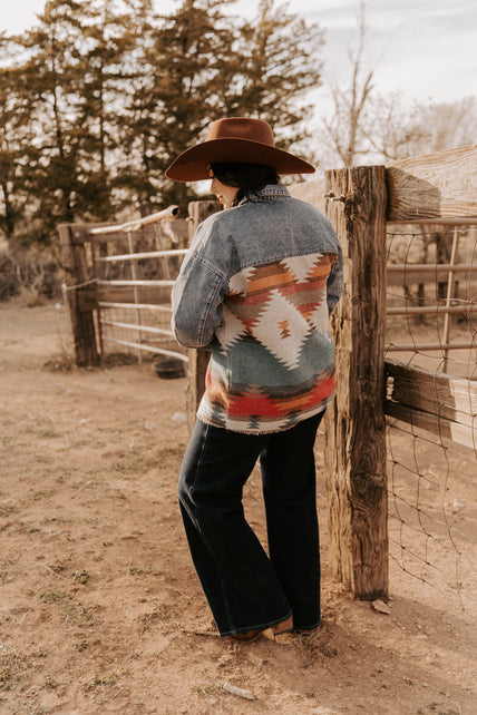 Ladies Denim with Aztec Fashion Long Jacket.L-25915