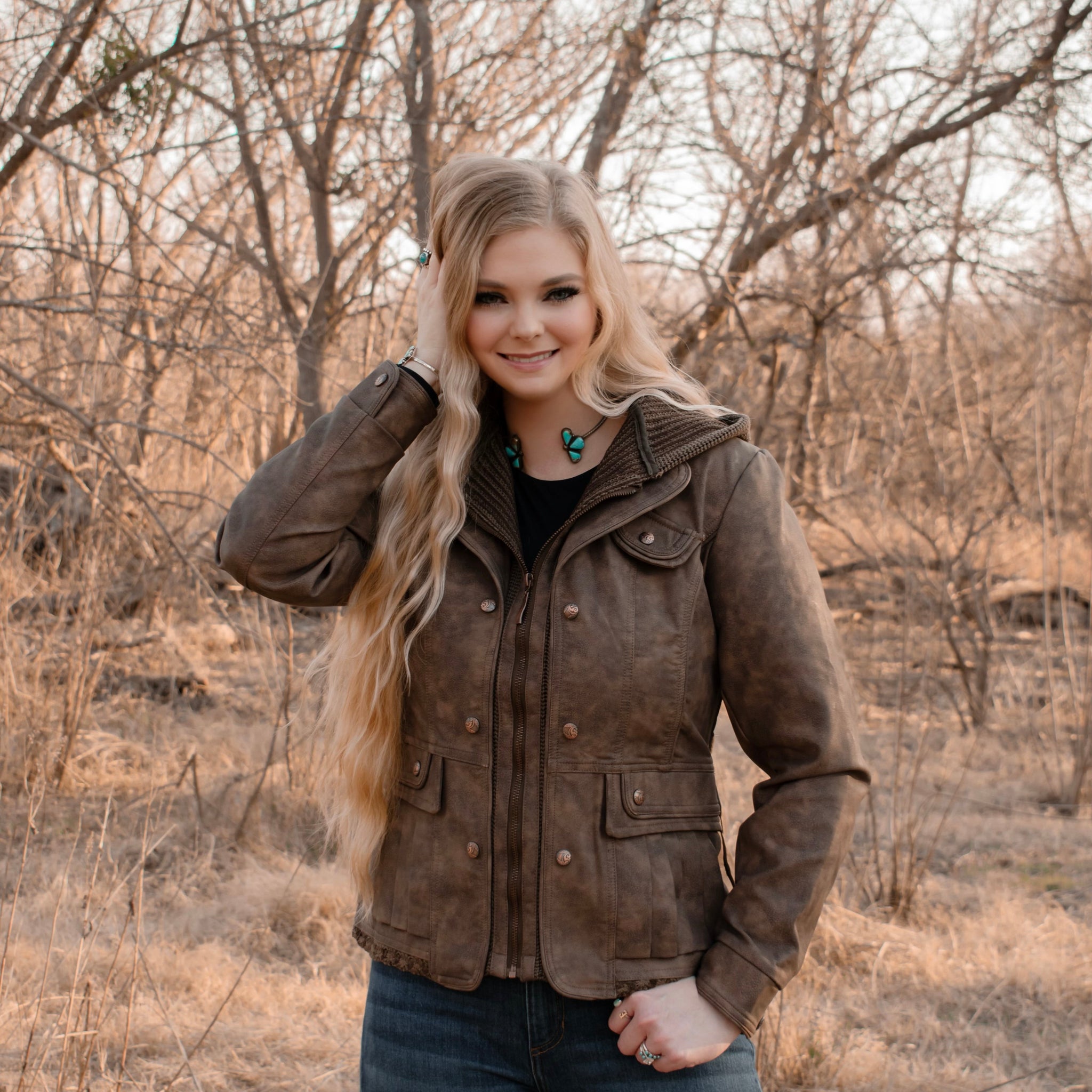 Ladies Poly Faux Leather Fahion Jacket - with Plate and Knit Trims and Hood