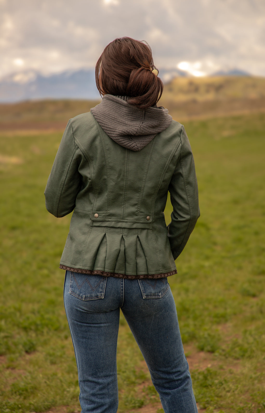 Ladies Poly Faux Leather Fahion Jacket - With Plate and Knit Trims and Hood