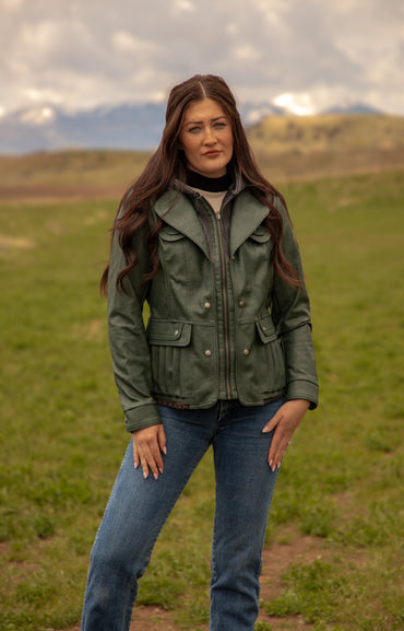 Ladies Poly Faux Leather Fahion Jacket - With Plate and Knit Trims and Hood