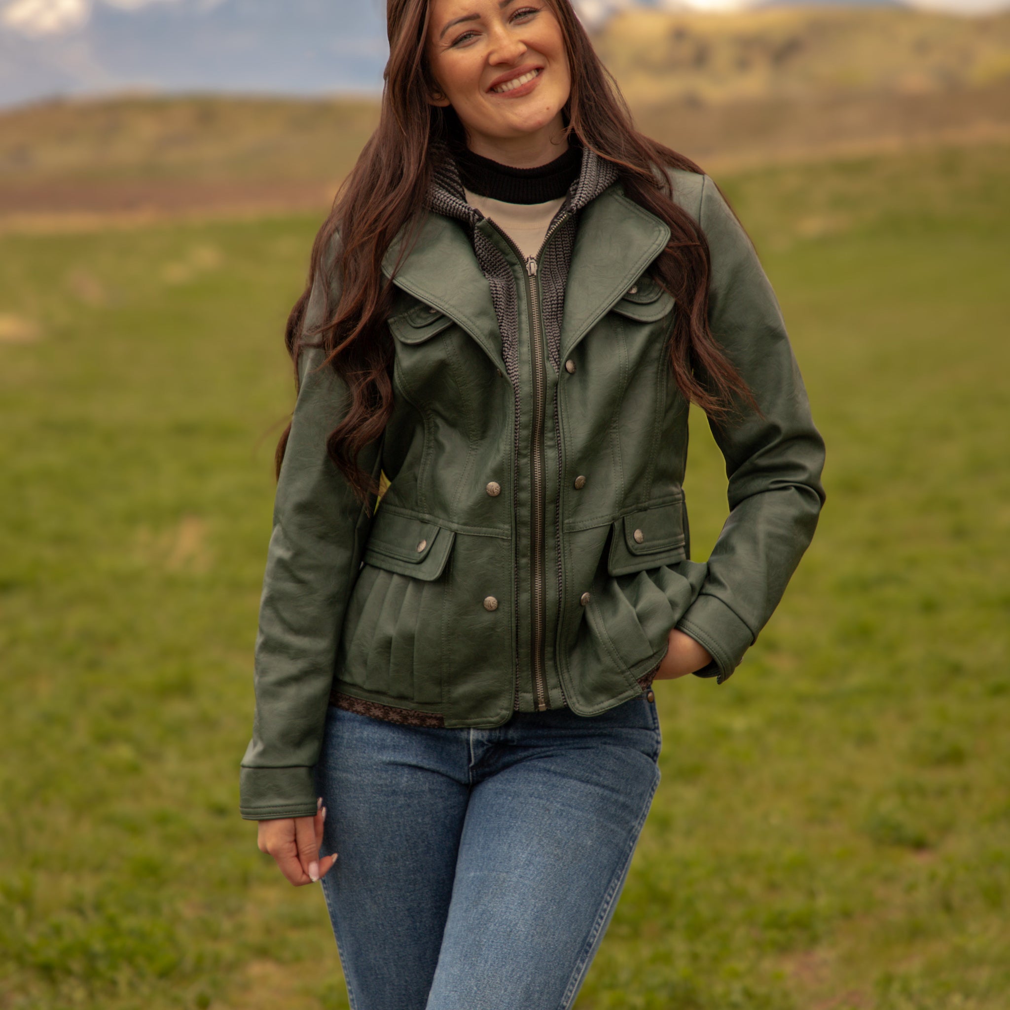 Ladies Poly Faux Leather Fahion Jacket - With Plate and Knit Trims and Hood