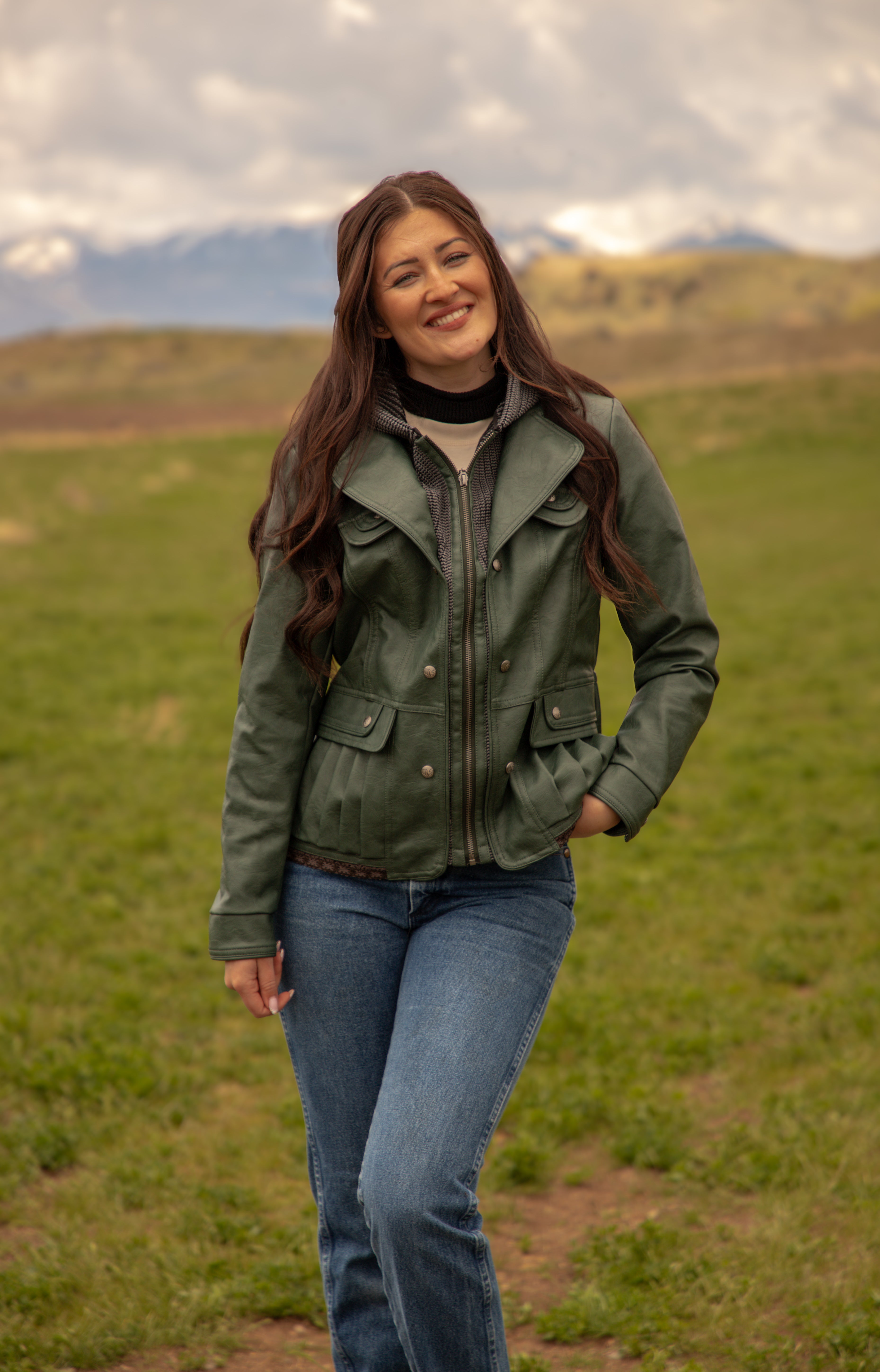 Ladies Poly Faux Leather Fahion Jacket - With Plate and Knit Trims and Hood