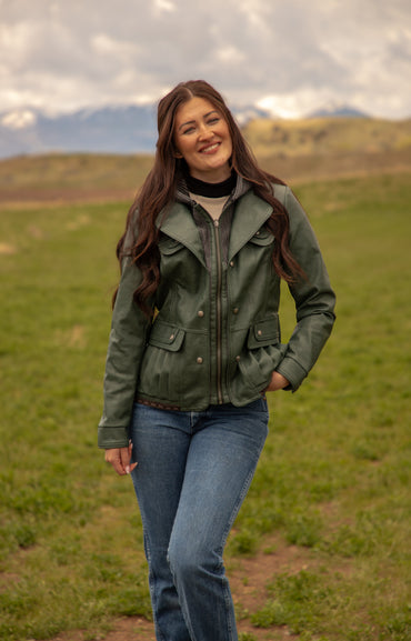 Ladies Poly Faux Leather Fahion Jacket - With Plate and Knit Trims and Hood