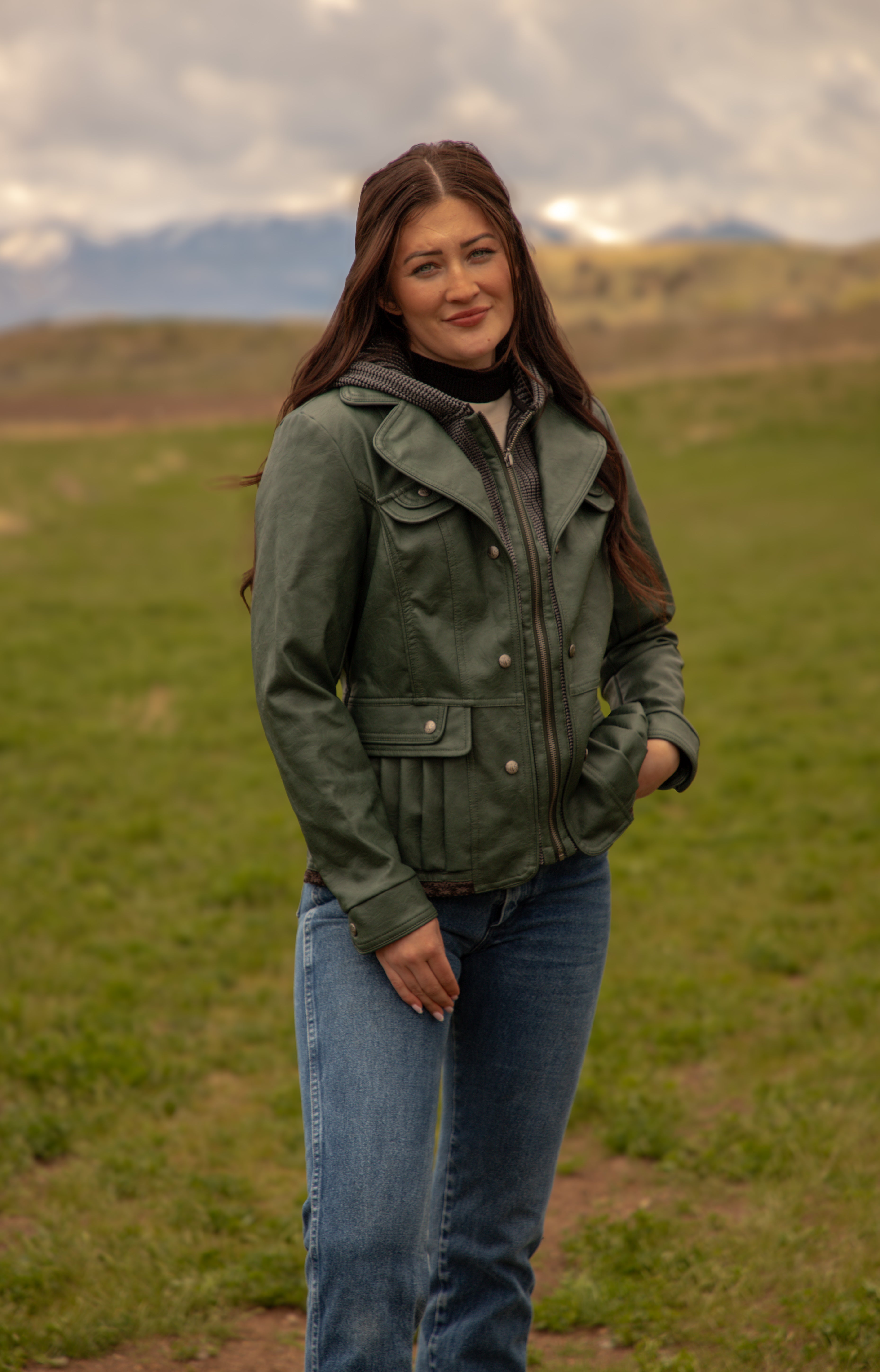 Ladies Poly Faux Leather Fahion Jacket - With Plate and Knit Trims and Hood