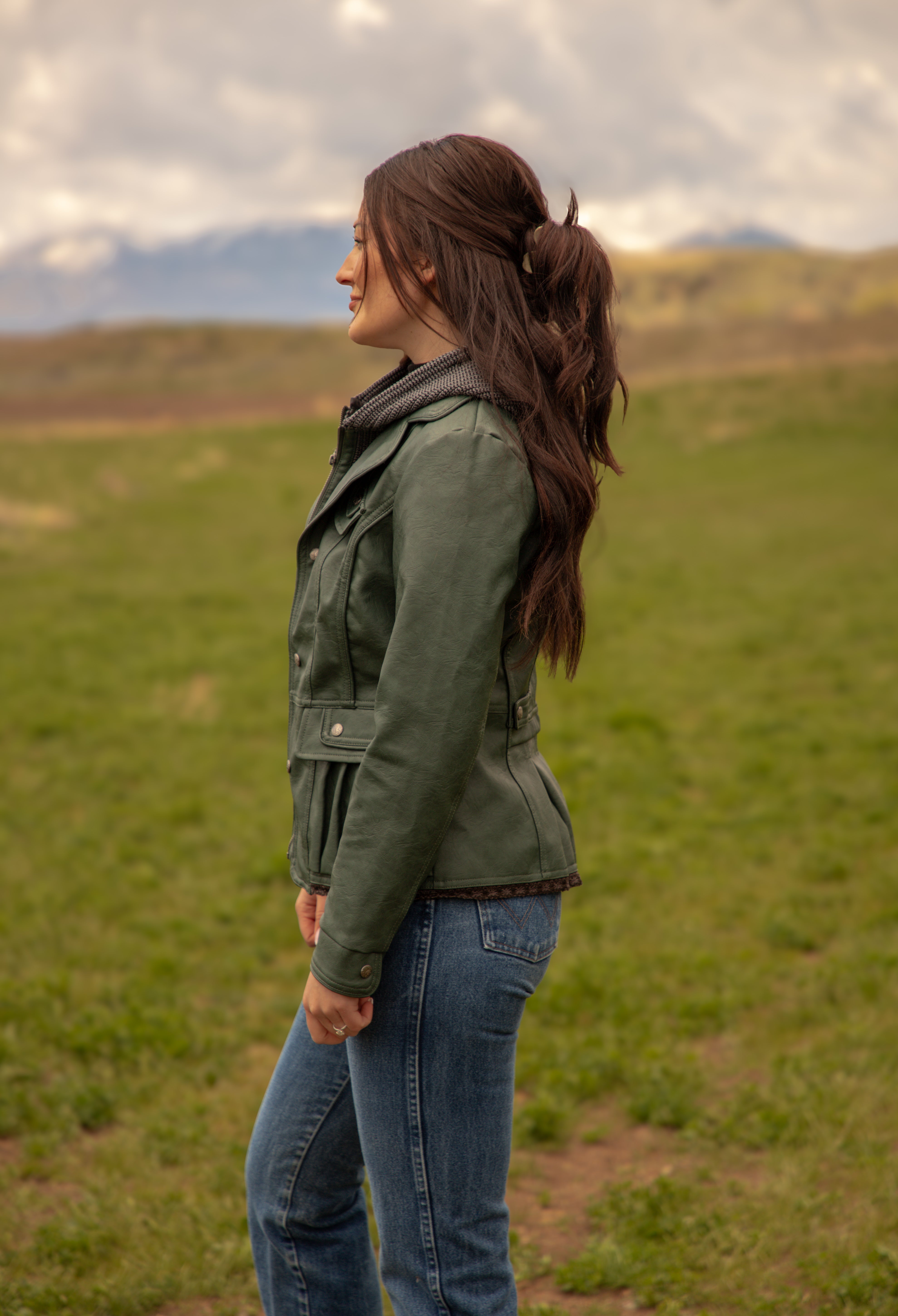 Ladies Poly Faux Leather Fahion Jacket - With Plate and Knit Trims and Hood